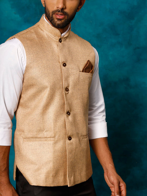 Vastramay Men's Beige Woven Nehru Jacket